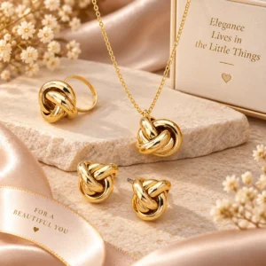 Golden Interlocking Knot Jewellery Set – Necklace, Earrings & Ring