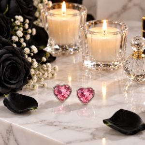 Pink Heart Crystal Stud Earrings – Silver Tone
