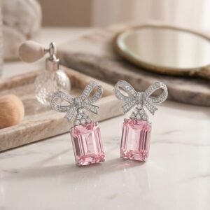 Pink Emerald-Cut Bow Drop Earrings – Silver Tone
