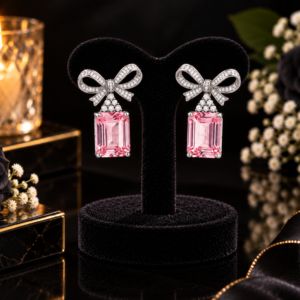 Pink Emerald-Cut Bow Drop Earrings – Silver Tone
