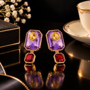 Multicolour Geometric Crystal Drop Earrings – Gold Tone