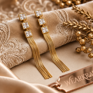 Golden Crystal Tassel Long Drop Earrings