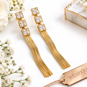 Golden Crystal Tassel Long Drop Earrings