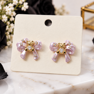 Pink Pearl Bow Teddy Bear Stud Earrings