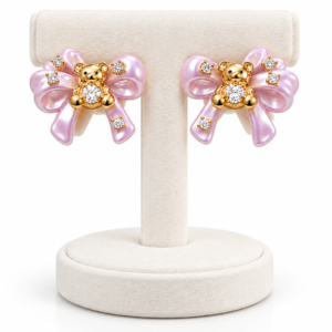 Pink Pearl Bow Teddy Bear Stud Earrings