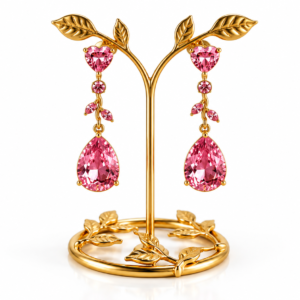 Pink Heart & Teardrop Crystal Long Drop Earrings – Gold Tone