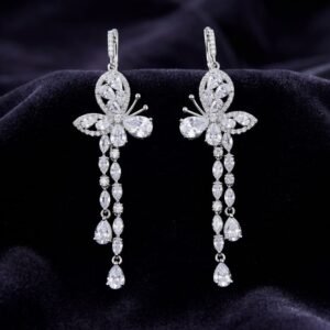 Silver Crystal Butterfly Long Drop Earrings
