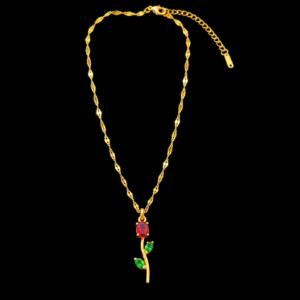 Red Rose & Green Leaf Pendant Necklace – Gold Tone