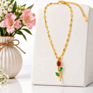 Red Rose & Green Leaf Pendant Necklace – Gold Tone