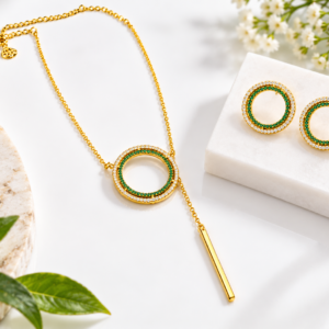 Emerald Green Crystal Circle Pendant Chain & Earring Set