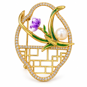 Purple Flower & Pearl Botanical Statement Brooch