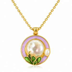 Pearl & Green Leaf Round Pendant Necklace