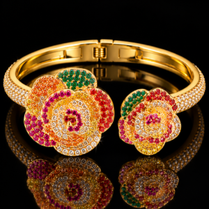 Multicolour Floral Crystal Gold-Tone Statement Bangle