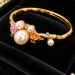 Pearl & Floral Gold-Tone Elegant Bangle