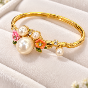 Pearl & Floral Gold-Tone Elegant Bangle
