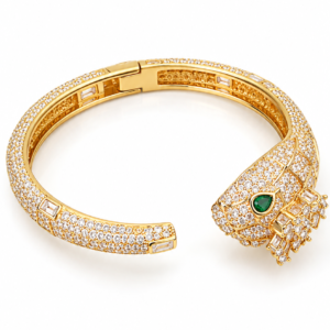 Emerald-Eye Panther Crystal Gold-Tone Statement Bangle