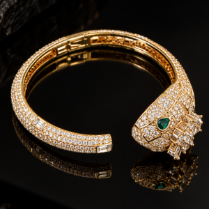 Emerald-Eye Panther Crystal Gold-Tone Statement Bangle