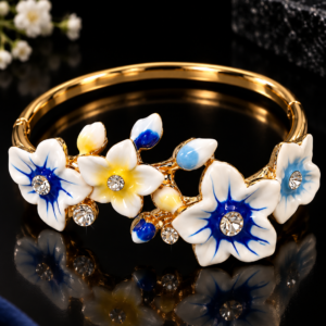 Blue & Yellow Blossom Enamel Gold-Tone Floral Bangle