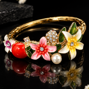 Tropical Garden Floral & Pearl Gold-Tone Bangle