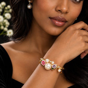 Pearl Bloom Gold-Tone Floral Statement Bangle