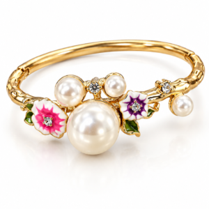 Pearl Bloom Gold-Tone Floral Statement Bangle