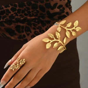 Golden Leaf Design Bracelet & Ring Combo Set