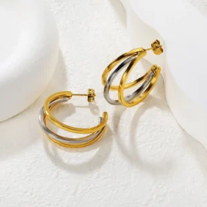 Dual-Tone Triple-Layer Hoop Earrings
