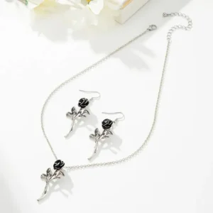 Black Rose Silver-Tone Necklace & Earring Set