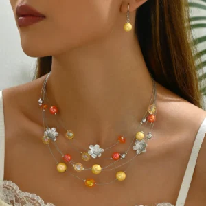 Multilayer Floral Beaded Necklace & Earrings Set