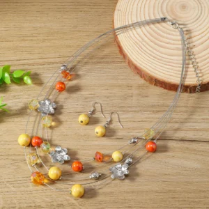 Multilayer Floral Beaded Necklace & Earrings Set