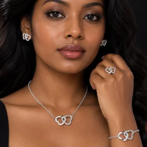 Double Heart Silver-Tone Jewellery Combo Set
