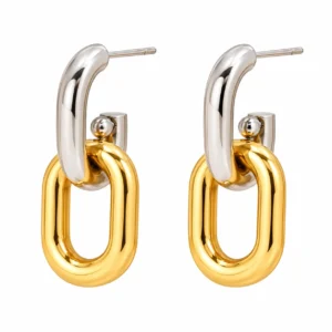 Golden & Silver Dual-Tone Oval Link Drop Earrings
