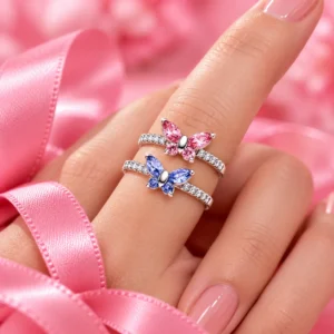 925 Sterling Silver Finger Ring – Light Blue And Pink