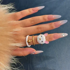 Cute Bunny Charm Finger Ring – White & Gold