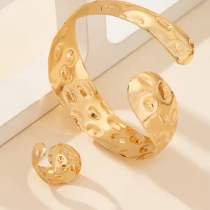 Hammered Gold-Tone Open Cuff Bracelet & Ring Set