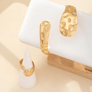 Hammered Gold-Tone Open Cuff Bracelet & Ring Set