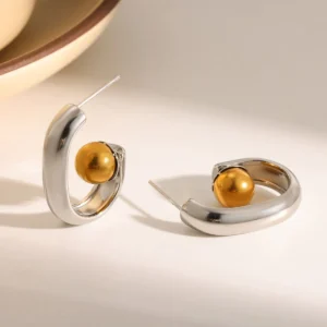 Golden & Silver Dual-Tone Ball Hoop Earrings – Large U Shaped