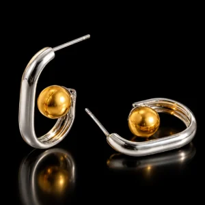 Golden & Silver Dual-Tone Ball Hoop Earrings – Large U Shaped