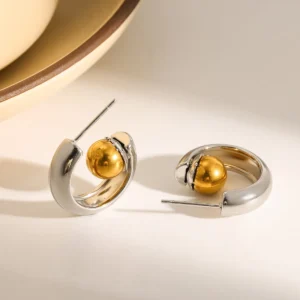 Golden & Silver Dual-Tone Ball Hoop Earrings – C Shaped