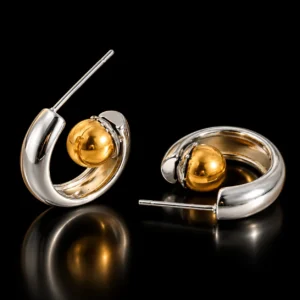 Golden & Silver Dual-Tone Ball Hoop Earrings – C Shaped