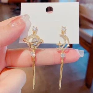 Celestial Moon & Planet Long Tassel Earrings