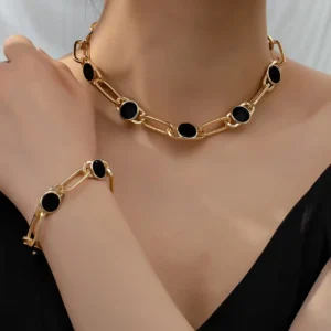 Golden & Black Geometric Link Necklace and Bracelet Set.