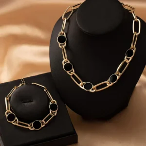 Golden & Black Geometric Link Necklace and Bracelet Set.