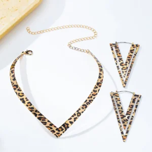 Leopard Print V-Shaped Necklace & Geometric Earrings Set