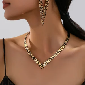Leopard Print V-Shaped Necklace & Geometric Earrings Set