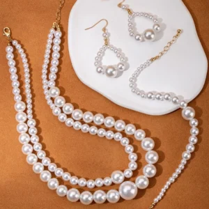 Classic Layered Pearl Necklace, Bracelet & Earrings Set