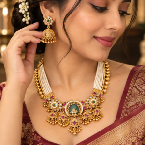 Royal Pearl Layered Traditional Necklace & Jhumka Earrings Set