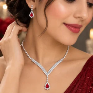 Ruby Red Teardrop Crystal Necklace & Earrings Set