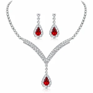 Ruby Red Teardrop Crystal Necklace & Earrings Set