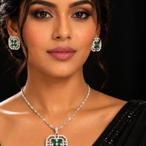 Elegant Green Floral 925 Sterling Silver Necklace with Earrings